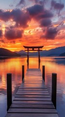 Obraz premium Torii gates in the middle of a large lake in Japan with copy space vertically 9:16