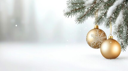 Obraz premium Beautiful Christmas tree background with Christmas tree branches and gold Christmas tree toys