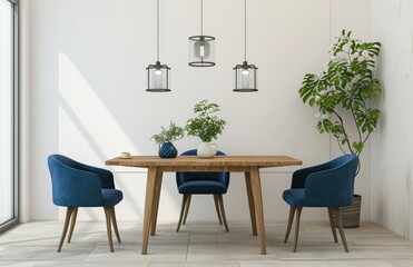 Fototapeta premium A modern dining room with a wooden table and blue chairs. three glass pendant lights hanging from the ceiling. and a potted plant in the corner