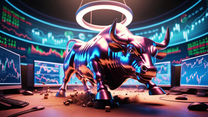 The bull market creative banner featuring raged bull and trading charts in the background