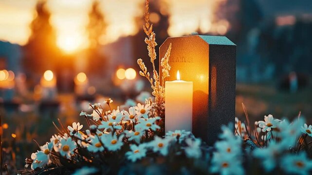 A single candle burns brightly next to a headstone, surrounded by white flowers at sunset.