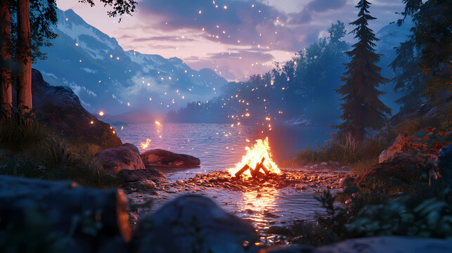 scene of a campfire in the wilderness, with detailed flames and embers showing warmth in a scenic outdoor setting, symbolizing warmth and companionship. Ember. Illustration