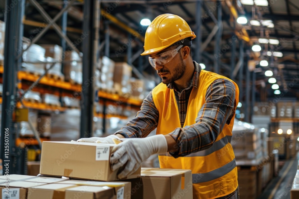 Poster a person in a hard hat and safety glasses performing tasks in an industrial setting