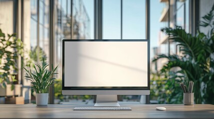 Fototapeta premium Modern Desktop Computer Workspace With Plants