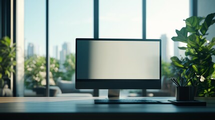 Fototapeta premium Modern Computer Setup With Blank Screen Near Window