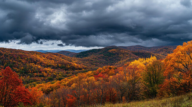 Rolling autumn hills under a stormy sky with dark clouds