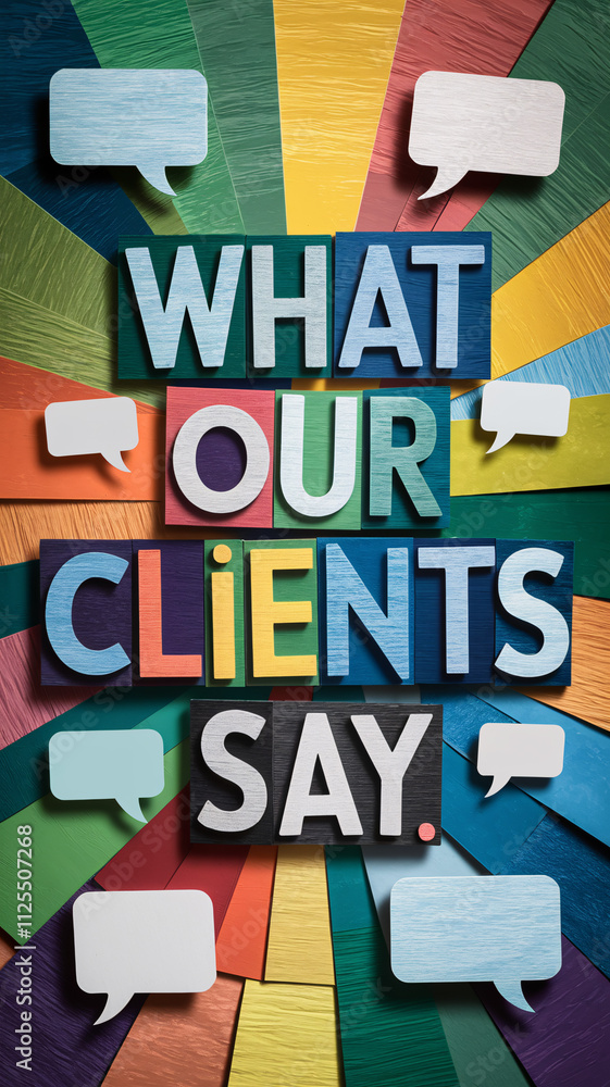 Poster what our clients say in bold colorful typography with speech bubbles on textured background