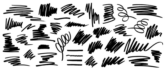 Set of abstract chaotic handwritten scribbles with black marker with uneven line thickness, jagged torn edges, zigzag wavy lines. Vector texture brushes on white background.