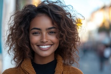 Fototapeta premium A happy woman with curly hair smiling directly at the camera, perfect for use in personal or professional settings