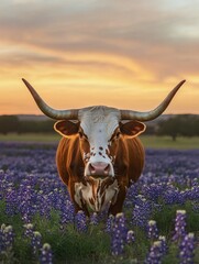 Cowboy Icon: A Longhorn Bull in a Field of Bluebonnets at Sunset