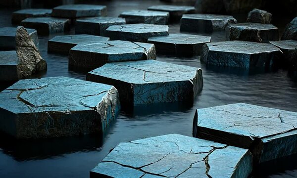 Hexagonal dark blue stones in water.