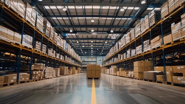 Agv transports merchandise through a vast, modern warehouse, showcasing the efficiency of innovative logistics and supply chain management