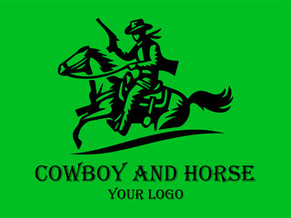 Black cowboy rides fast horse against green background. Suitable for westernthemed designs, posters, and storytelling visuals needing a dynamic element
