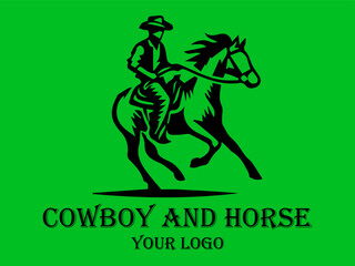 Black cowboy rides fast horse against green background. Suitable for westernthemed designs, posters, and storytelling visuals needing a dynamic element