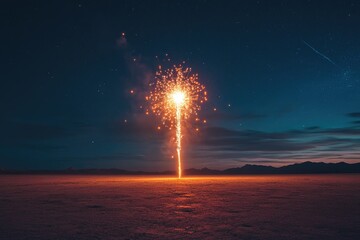 Obraz premium Solitary Fireworks Display in a Vast, Starlit Desert Landscape