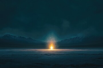 Naklejka premium Solitary Flame in a Frozen, Mountainous Landscape at Night
