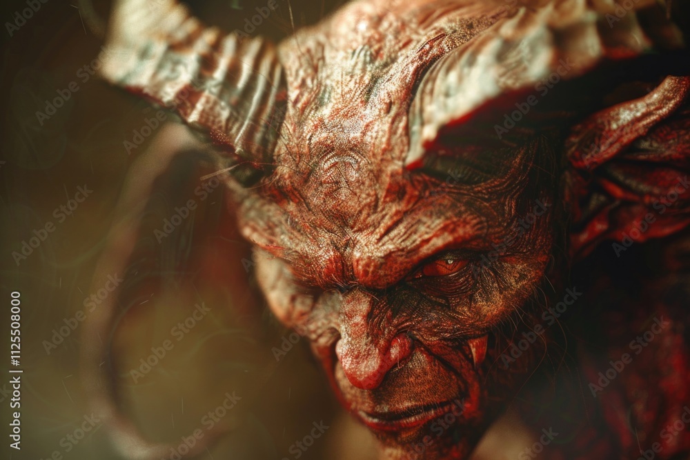 Poster a detailed view of a demonic figure's face, with sharp features and horns