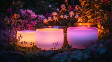 An enchanting scene featuring many glowing singing bowls, beautifully surrounded by a variety of vibrant flowers