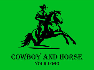 Black cowboy rides fast horse against green background. Suitable for westernthemed designs, posters, and storytelling visuals needing a dynamic element