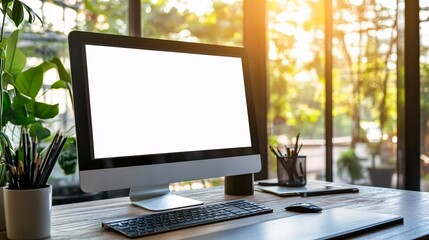 Fototapeta premium Modern Workspace Featuring Computer Screen And Plants