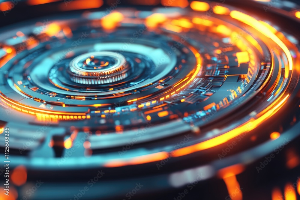 Poster A close-up shot of a circular object with bright lights, ideal for use in futuristic or technological themed designs