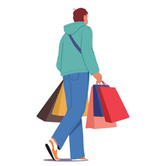 Man customer cartoon character carrying paper shopping bags in hands walking view behind back