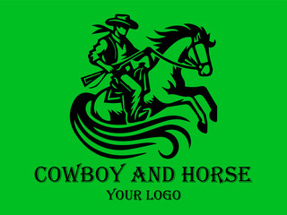 Black cowboy rides fast horse against green background. Suitable for westernthemed designs, posters, and storytelling visuals needing a dynamic element