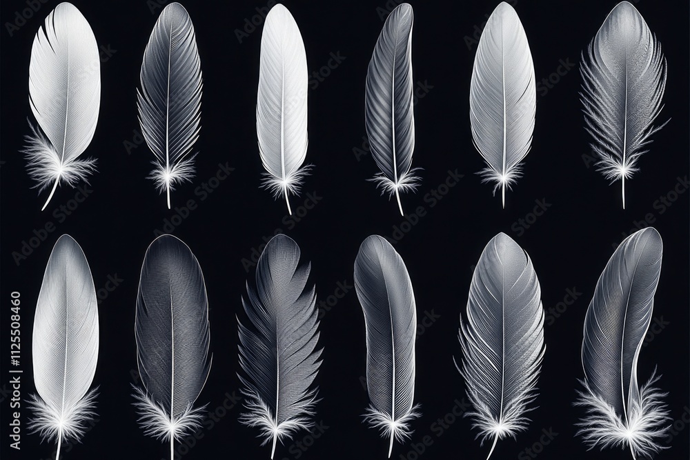 Poster Feathers in various shapes and sizes on a dark background