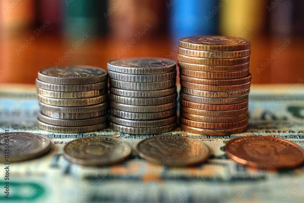 Poster a stack of coins placed on top of a pile of cash, ideal for financial or business-related concepts