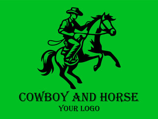 Black cowboy rides fast horse against green background. Suitable for westernthemed designs, posters, and storytelling visuals needing a dynamic element