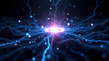 Naklejka premium Computer-generated imagery of an abstract neural network with a spark of energy at its center.