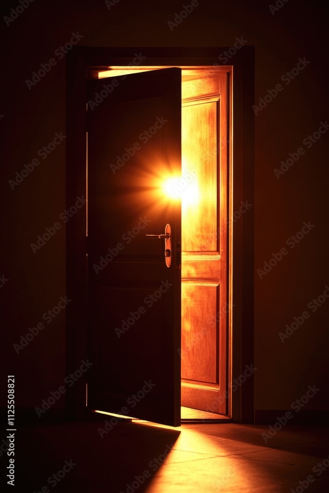 Poster a partially lit doorway with warm light streaming through, suggesting entry into a brighter space