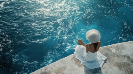 Woman Wearing Sun Hat Sitting on Edge of Infinity Pool with Blue Water and Beige Floor