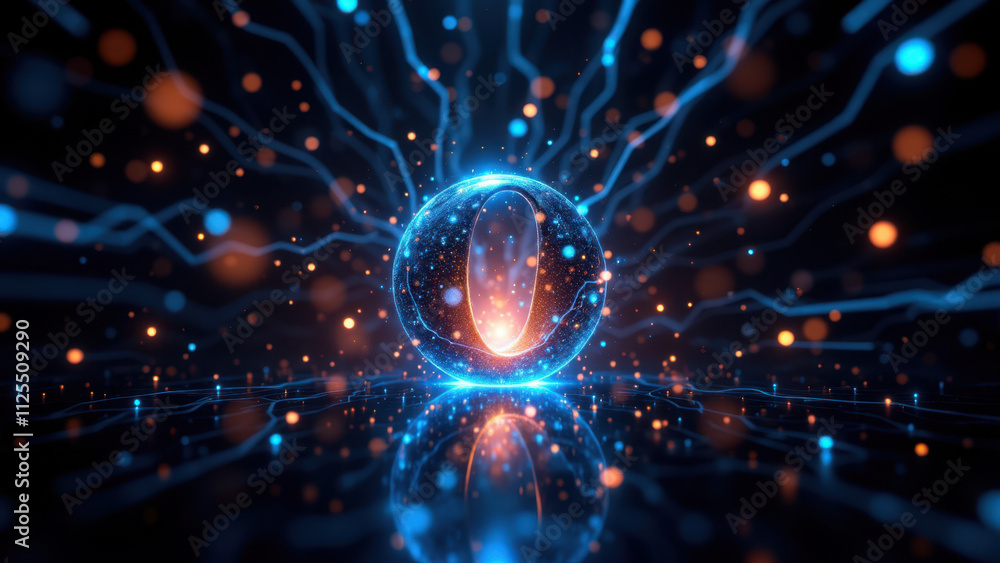 Poster a futuristic depiction of a circular energy sphere with glowing particles and blue holographic circu