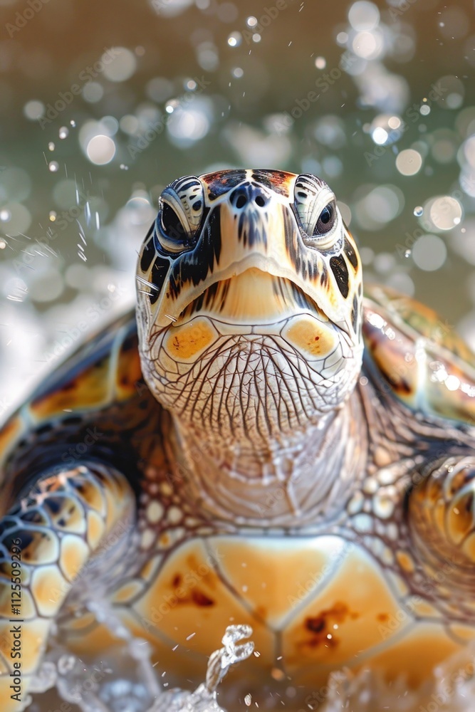 Poster a close-up shot of a turtle swimming in the water, with ripples and light reflecting off its shell