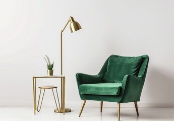 Fototapeta premium A green velvet armchair with gold legs and a gold floor lamp next to a marble side table in a white room
