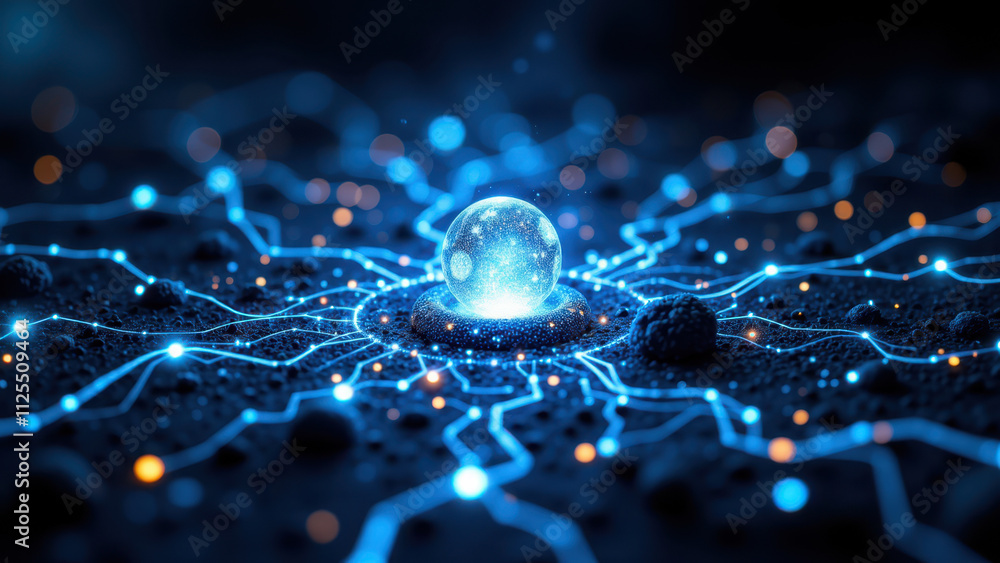 Poster a vibrant and futuristic image showcasing a network of glowing blue wires with a central orb, symbol