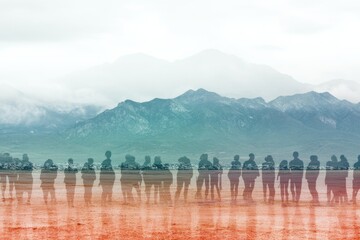 A vibrant scene of silhouetted individuals standing together, highlighted by majestic mountains in the background, symbolizing unity and appreciation of nature's grandeur.