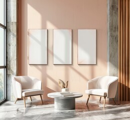 Two white chairs face a round marble coffee table in a minimalist living room with three empty frames hanging on a peach wall
