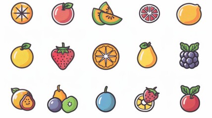 simple primitive flat fruit icons a color set isolated on a white background