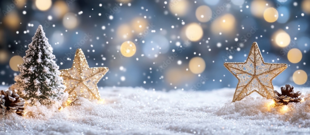 Poster winter background with snowflakes and copy space, in a blue and white color scheme snow-covered land