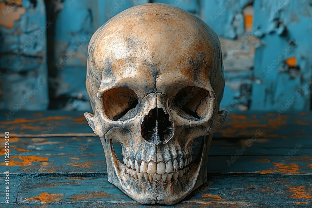 Poster a single human skull sitting on a wooden table with a simple, rustic background