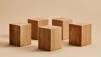 Six Blank wooden square cube mock up with a diamond apex simple plain background