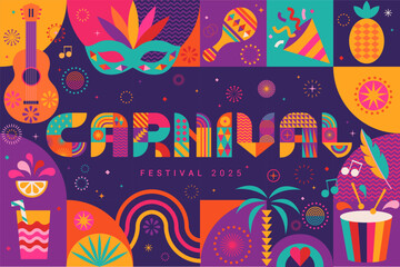 Carnival flyer for festival 2025.Banner,invitation for holiday.Party card to carnaval,mardi gras,masquerade, parade with fireworks and symbols of holiday. Template for design flyer, web,poster. Vector