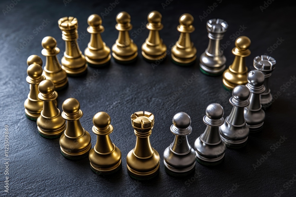 Poster a close-up view of a circular arrangement of gold and silver chess pieces on a neutral background