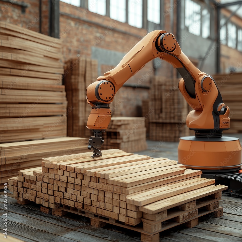 Aufkleber industrial robot arm stacking timber planks. automation and robotics in woodworking factory.