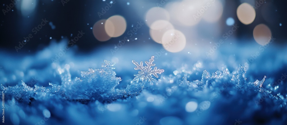 Poster abstract winter background with snowflakes and bokeh lights snow-covered ground with copy space for 