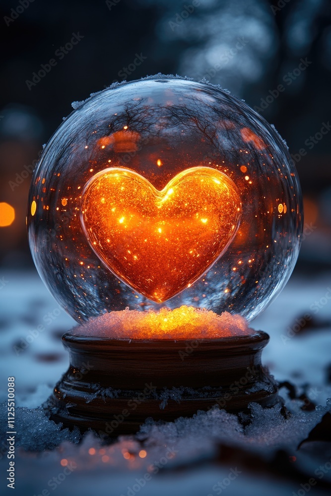 Poster a snow globe containing a small figurine and a glowing heart inside