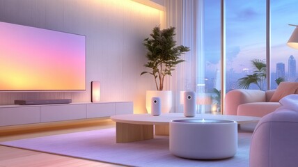 Fototapeta premium Modern living room with smart home devices and city skyline view