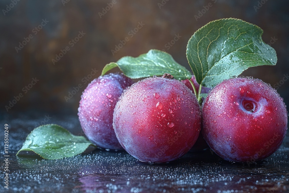 Poster A still life image of three plums on a table with water droplets on the fruit and surface